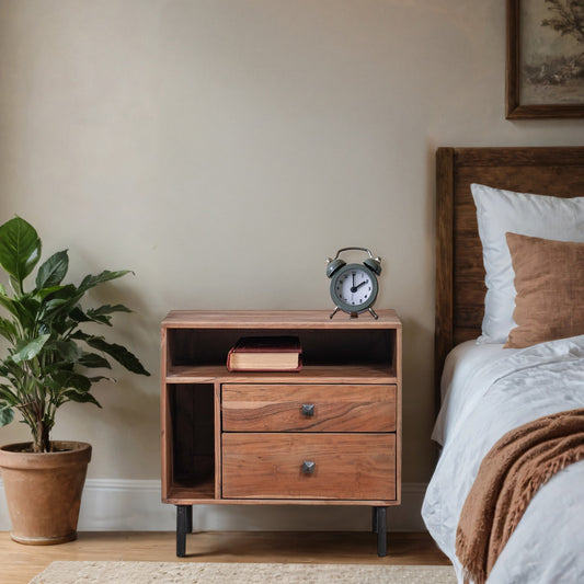 ACACIA WOOD BED SIDE WITH 2 DRAWERS KCS-009